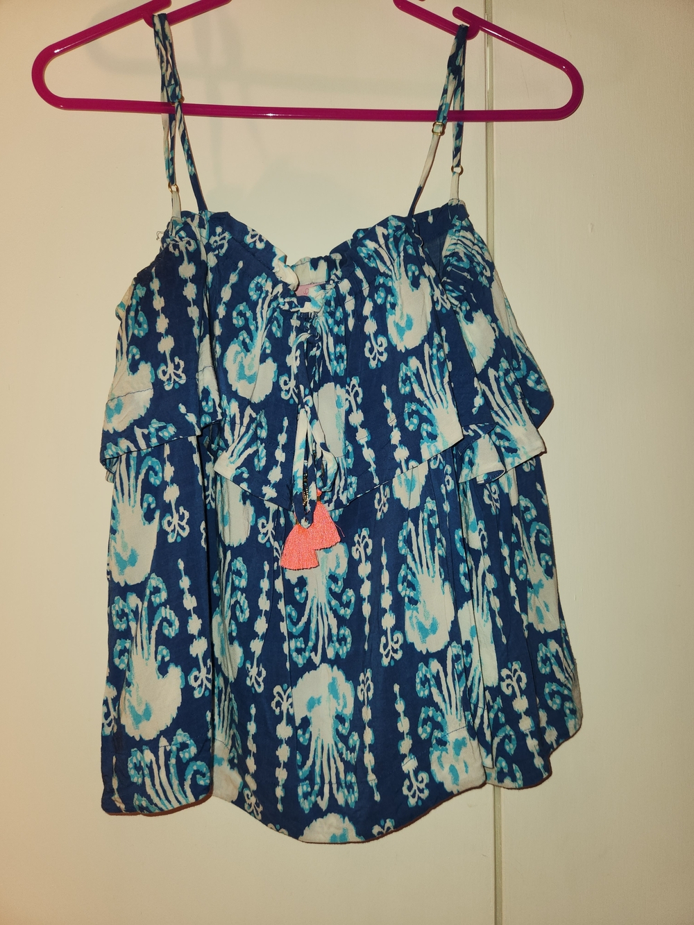 Lilly Pulitzer Blue & White Printed Ruffle Tank with Coral Tassel
